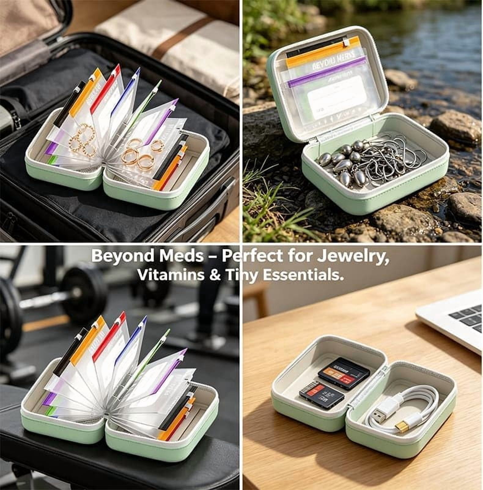 Waterproof Pill Pouch Set-14pcs Bags Inside,A8 Waterproof Pill Organizer Set,7 to 14 Days of Meds & Medicine Crush-Resistant Shell (Green)