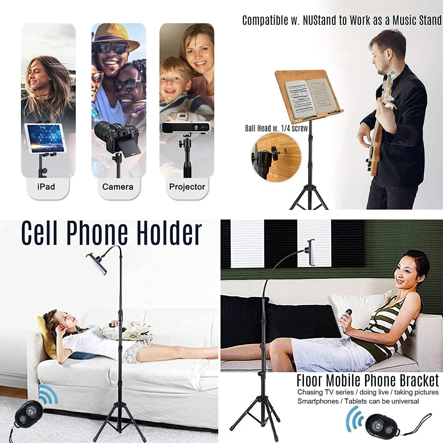 Tablet Tripod for iPad Floor Stand,iPad Pro Tripod Mount for Video Recording,iPhone Holder Stand w. Remote Aluminum 360 Rotating Adjustable 68" Tall Tripod for iPhone 13 Pro Max/Projector/Camera