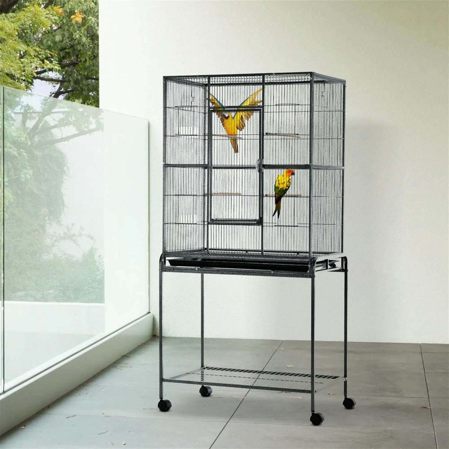 resenkos 64" Height Heavy Duty Travel Bird Cage Carrier with Rolling Stand, Wood Perch & Food Container for Parrots Conures Lovebird Cockatiel Parakeets, Black