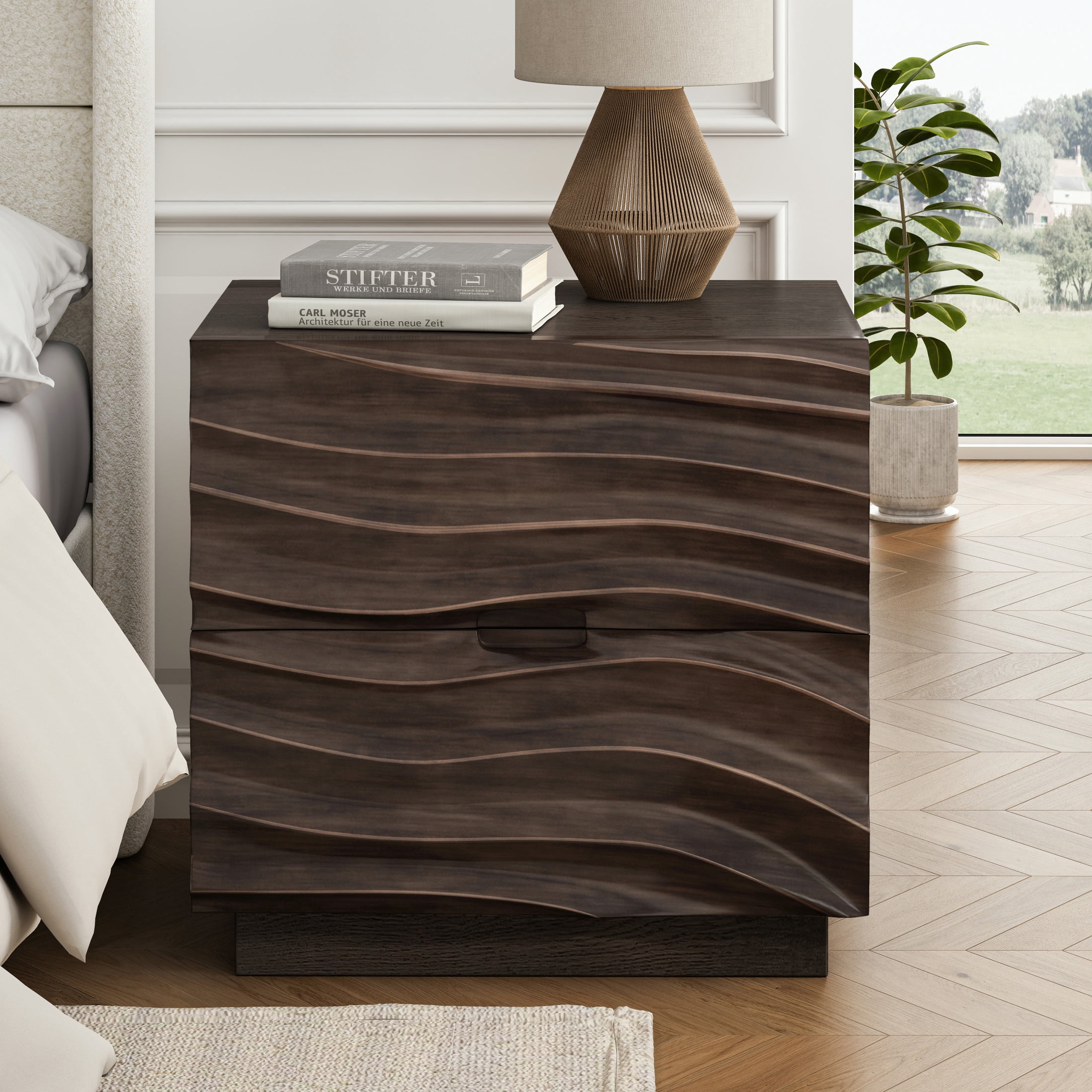GDF Studio Solid Wood Nightstand with 2 Drawers, Handle-Free Design, Silent Metal Slides, Brown