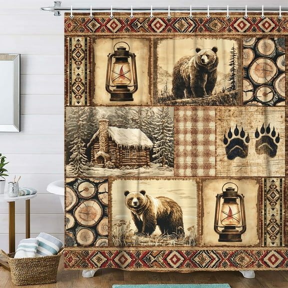 Rustic Cabin Shower Curtain Boho Farmhouse Bathroom Decor, Vintage Country Lodge Woodland Bear Shower Curtain for Bathroom, RV Camper Hunting Fabric Bath Curtain with 12PCS Hooks, 60X70IN