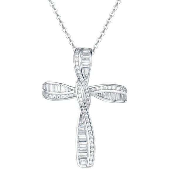 Fancime Cross Necklace for Women Soild Sterling Silver Cubic Zirconia Twisted Cross Infinity Loop Princess Pendant Necklace Faithful for Women Luxury Look, 16" 2" Extender