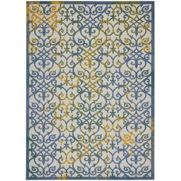 10' X 13' Ivory And Blue Damask Non Skid Indoor Outdoor Area Rug