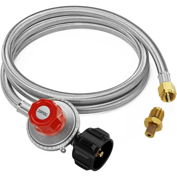 5FT High Pressure Propane Regulator Hose, 0~20PSI Adjustable Propane Tank Regulator, QCC1 & 3/8” Female, Fit for Turkey Fryer，Fish Fryer，Propane Burner，Fire Pit, Forge, and More, Braided Hose