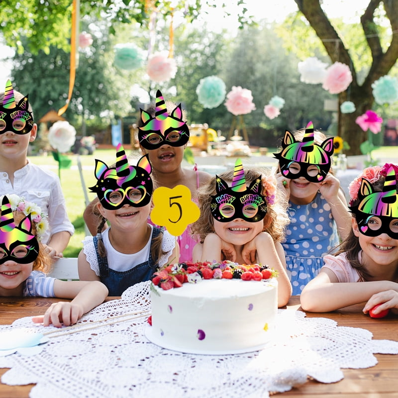 Belanttega Unicorn Scratch Art Mask Set - 24 Pack DIY Rainbow Reveal Masks for Craft Activities, Birthday Party Favors Family Interactive Supplies