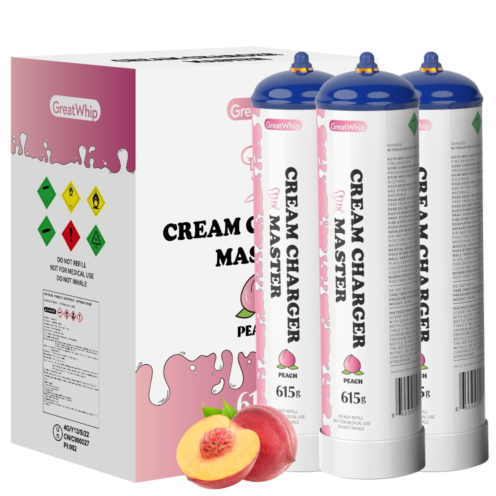 GreatWhip Peach Flavor Nitrous Oxide Cartridges 615g N2O Whipped Cream