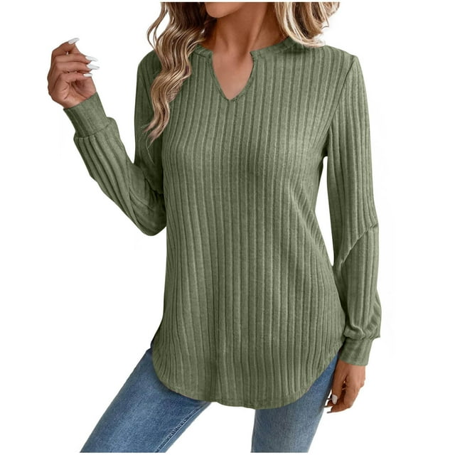 BLVB Long Sleeve Shirts for Women V Neck Dressy Casual Sweaters Basic Ribbed Knit Fall Fashion Pullover Tunic Tops