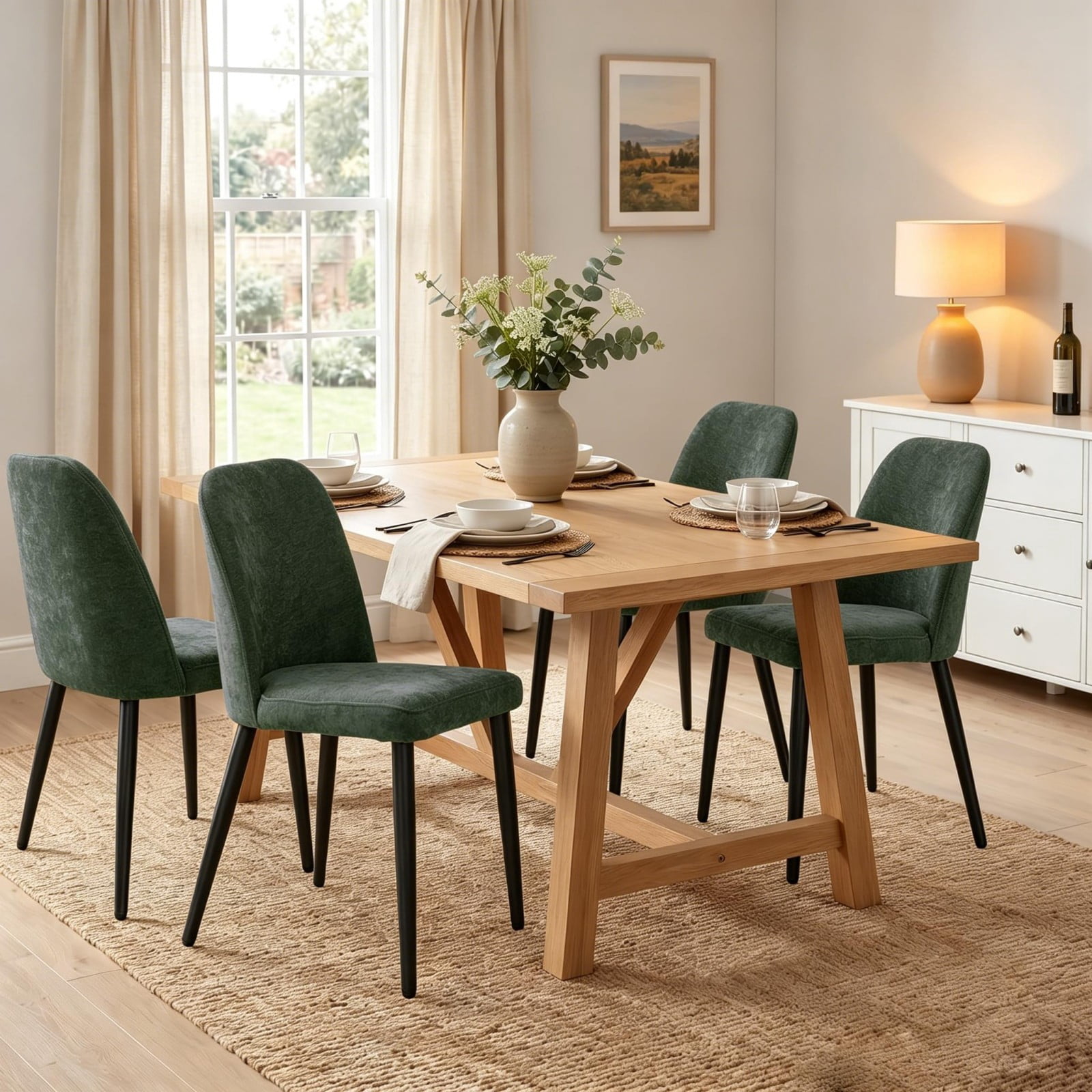 Fabric Dining Chairs Set of 4, Dark Green Upholstered Kitchen Chairs with Ergonomic Backrest and Metal Legs, Modern Armless Side Chairs for Dining Room, Restaurant, Living & Meeting Room
