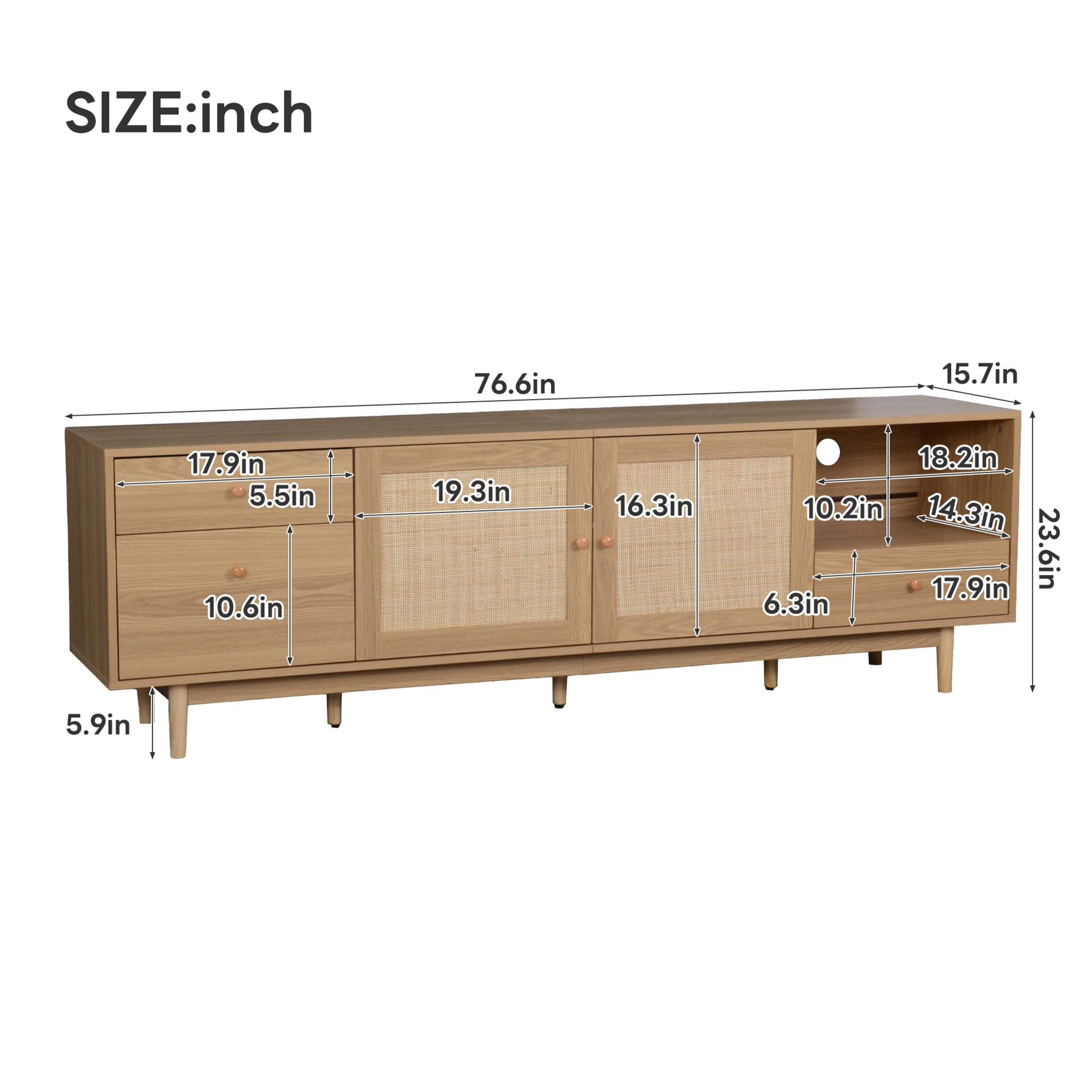 Noble House TV Stand for TVs up to 85" with Rattan Doors, Drawers and Open Storage, Natural