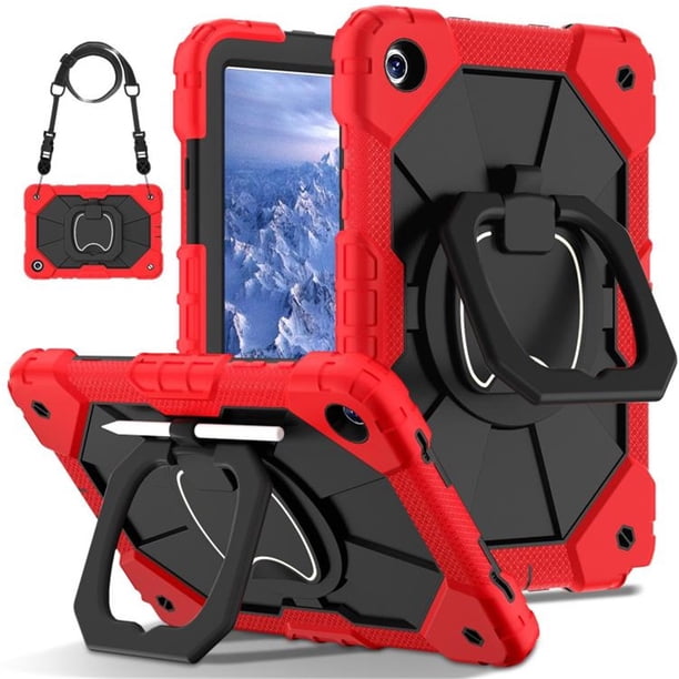 Funda Resistente a Golpes para Samsung Galaxy Tab A11, Funda Protectora de Silicona + Capa de PC con Rotación de 360°, Asa Cuadrada y Correa para el Hombro, Roja, para Galaxy Tab A11