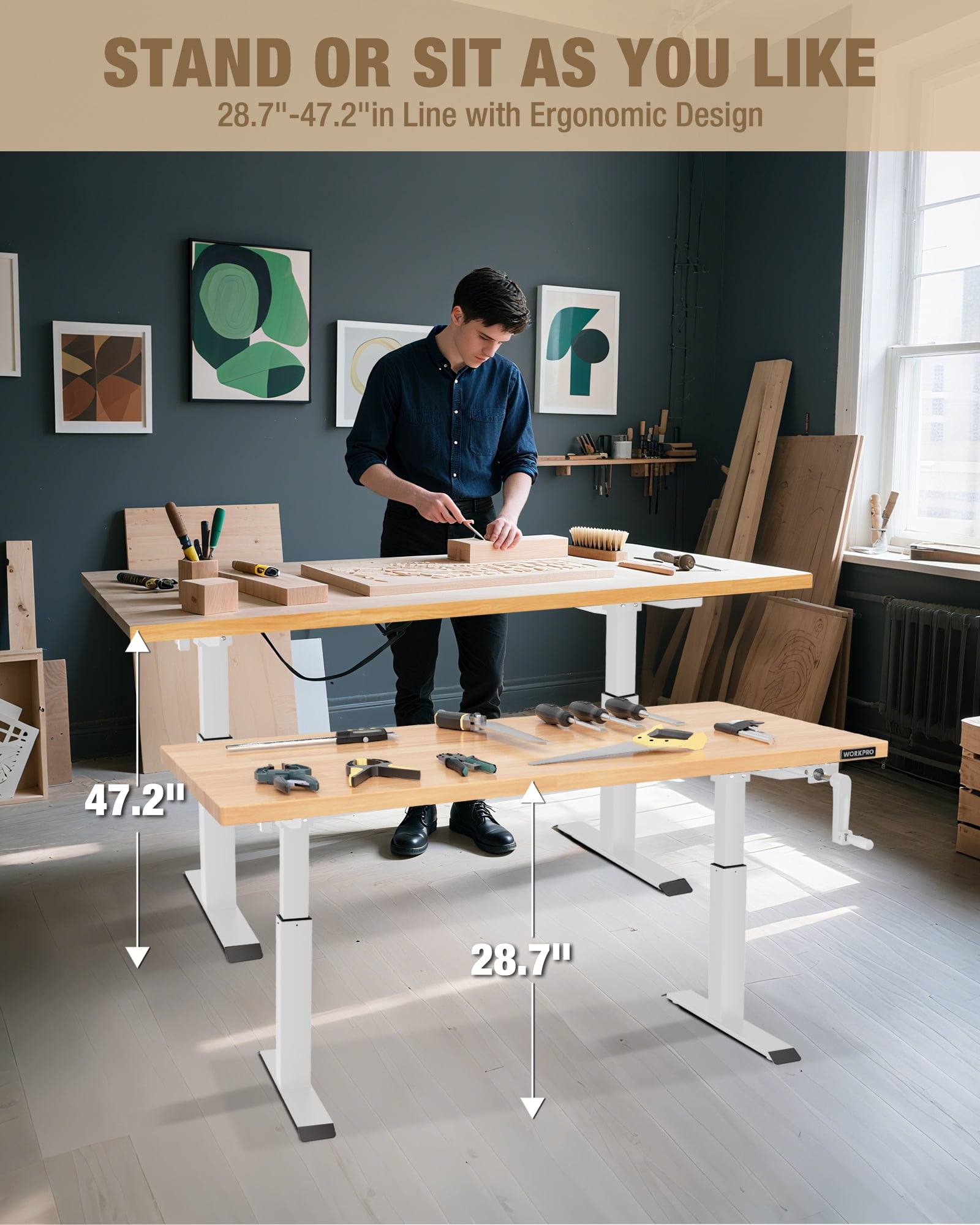 WORKPRO 300 lbs Height Adjustable Workbench with Crank Handle, 47.2"x 23.6" Rubberwood Work Table, Comfortable Standing Desk for Home Workshop Office, White