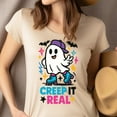 thumbnail image 4 of Creep It Real Ghost T-Shirt | Funny Unisex Spooky Outfit, Azalea, Size S, 4 of 6