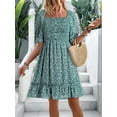thumbnail image 4 of Womens Casual Summer Dresses Short Sleeve Square Neck Smocked Boho Floral Sundress Flowy A-Line Mini Dress Green S, 4 of 7
