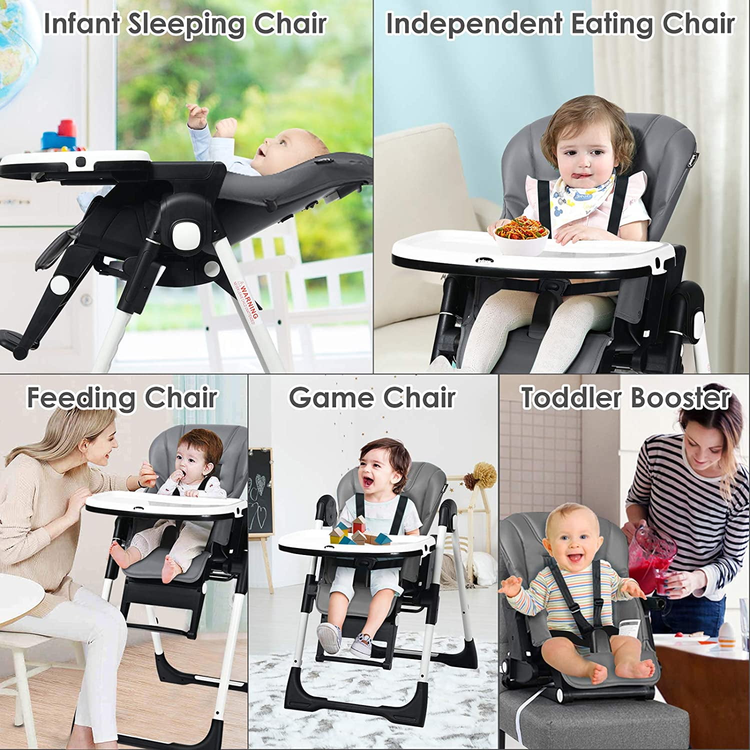INFANS 4 in 1 High Chair–Booster Seat, Convertible Highchair w/Adjustable Height, Removable Tray, Detachable Cushion, Installation-Free, Simple Fold for Baby, Infant & Toddler, Gray