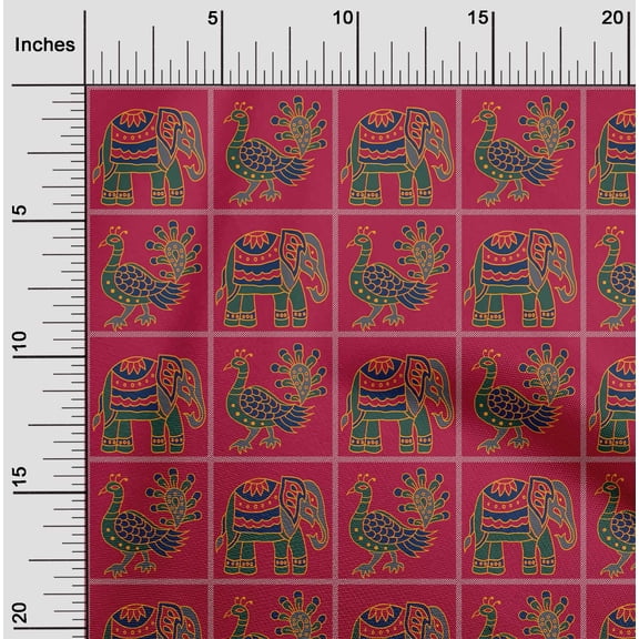 oneOone Viscose Chiffon Red Fabric Peacock & Elephant Block Sewing Material Print Fabric By The Yard 42 Inch Wide