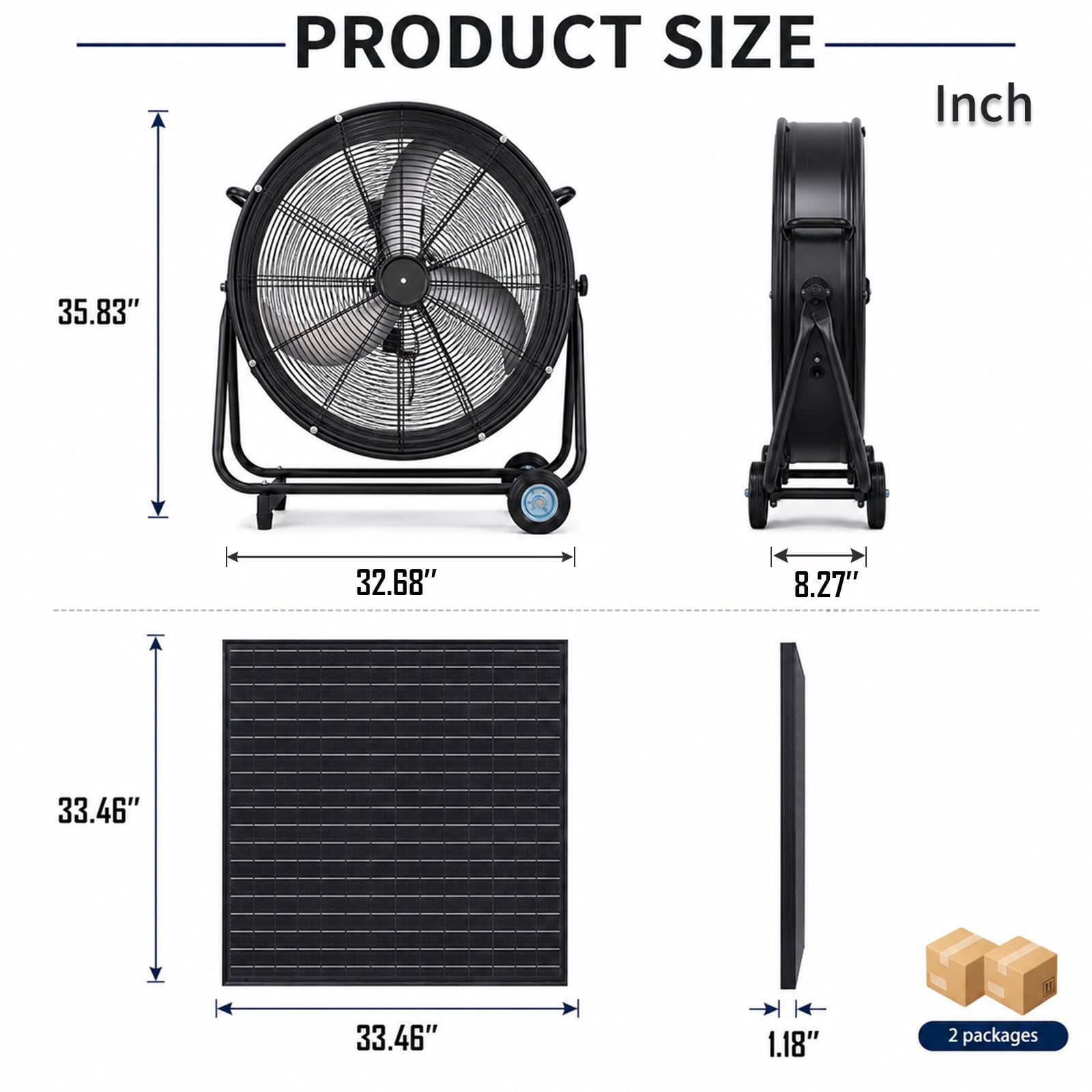 30-Inch Wheeled Solar Fan with 140W Adjustable Panel and Remote Control, 3-Speed Brushless Vent Fan for Workshop and Greenhouse, Black