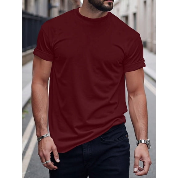 Burgundy Mens Crew Neck Short Sleeve Plain Casual Tee, Classic Fit Daily Wear Top