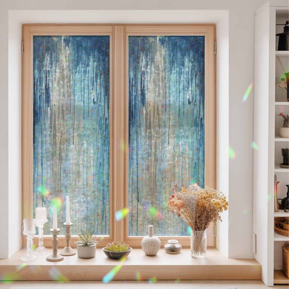 Abstract Rain Window Privacy Film Modern Teal Beige Blue Ocean Waves Water Drops Static Cling Stained Glass Window Film Non-Adhesive Decorative Decals Rainbow Sticker 23.6"X59"