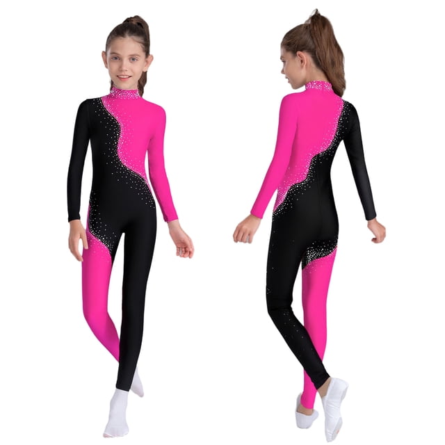 Haitryli Combinaison de Gymnastique à Manches Longues avec Strass pour Filles, Rose Vif 10
