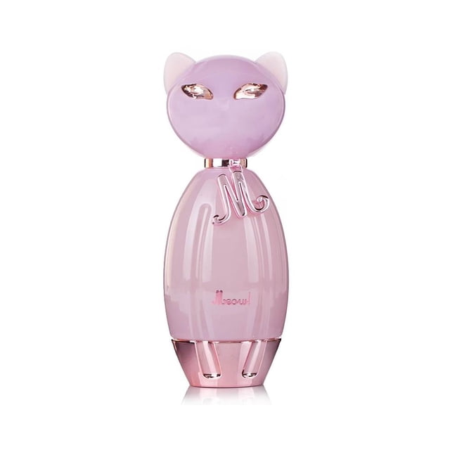 fragancia katy perry meow i0041448 botella en forma de gato rosa con tapa con orejas y ojos dorados, cuerpo oval translúcido y base rosada metálica; letra 'M' en relieve y 'Meow' en el frente, vista frontal sobre fondo blanco; aroma almizcle y floral según especificaciones.