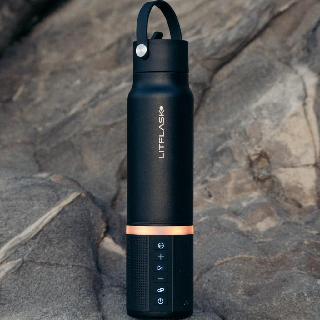 LITFLASK Smart Water Bottle with Premium Bluetooth Speaker, Black, Portable Charger, LED Light, Stainless Steel, Mix & Match Colors, 20oz - Oprah's Favorite Things 2024