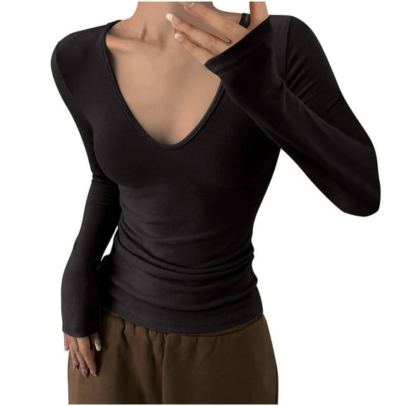 Long Sleeve Pullover Tops for Women Lightweight V Neck Shirt Solid Color Casual Slim Tee Shirt Trendy Classic Blouse