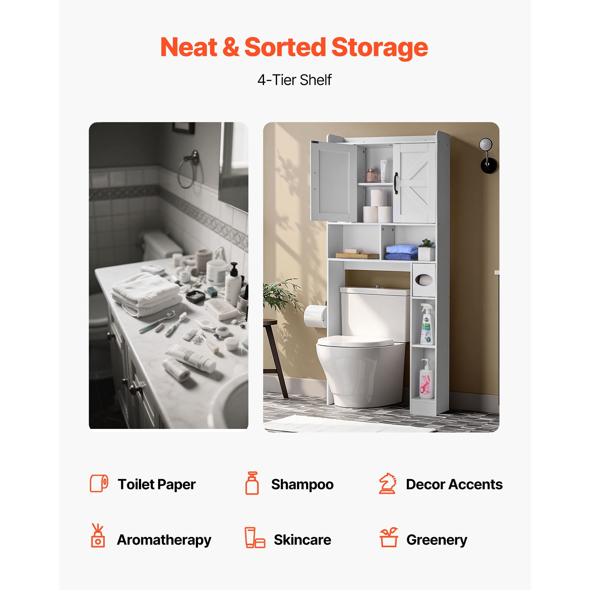 KFFKFF Over-The-Toilet Storage Cabinet, 66.14-Inch Tall Bathroom Organizer with Adjustable Shelf and Double Doors, Space-Saving Bathroom Storage Unit with Open Shelf, White
