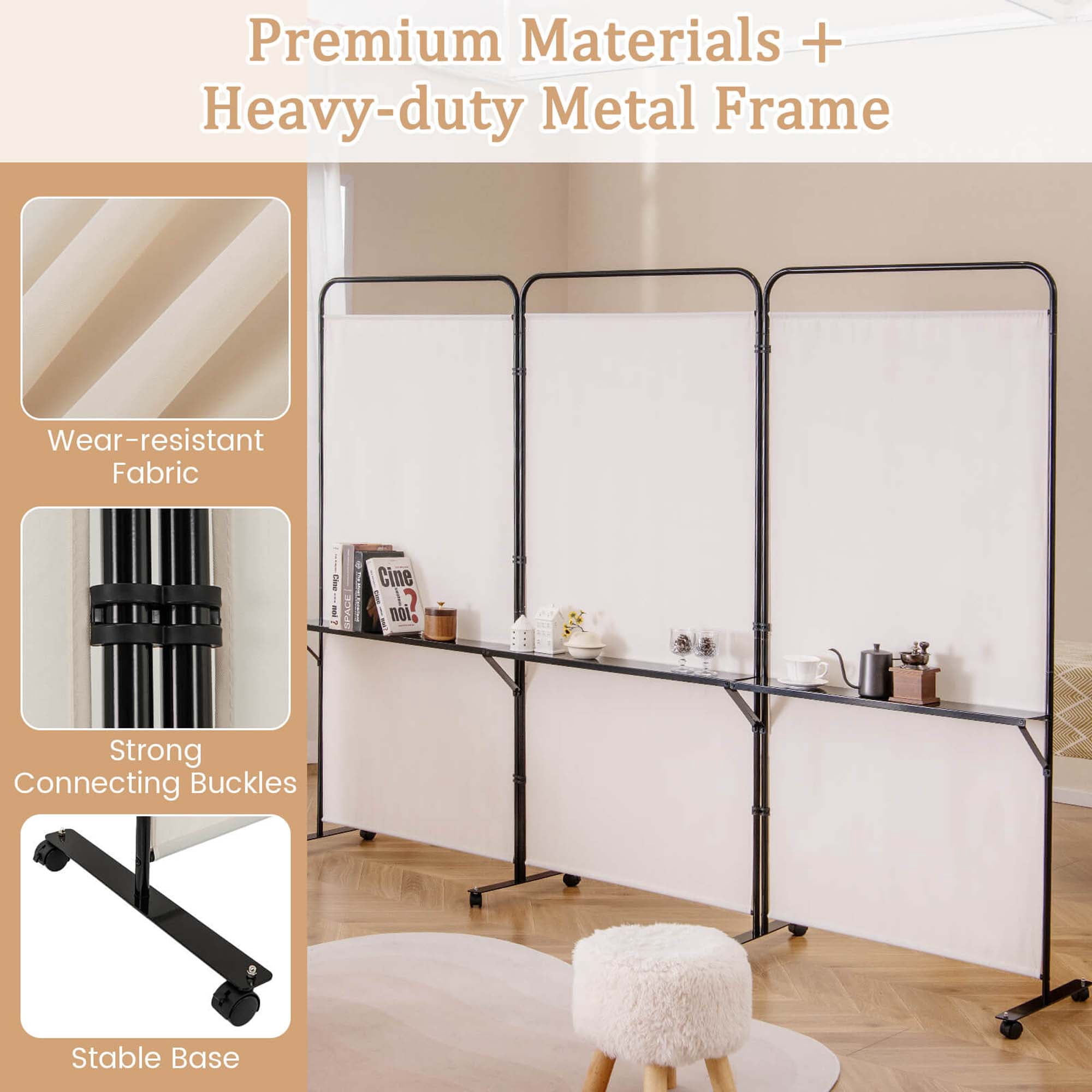 Costway 3-Panel Room Divider with Storage Shelves 6FT Tall Folding Privacy Screen on Wheels White