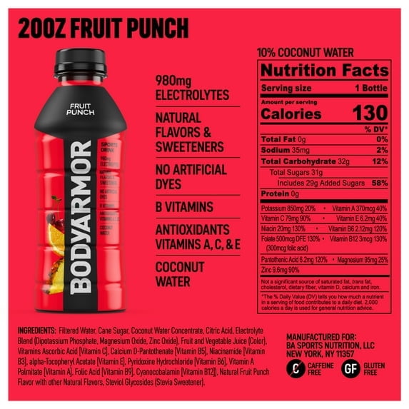 BODYARMOR Fruit Punch Electrolyte Sports Drink, 20 fl oz, 6 Pack Bottles ( 2 Box of 6 Bottles )