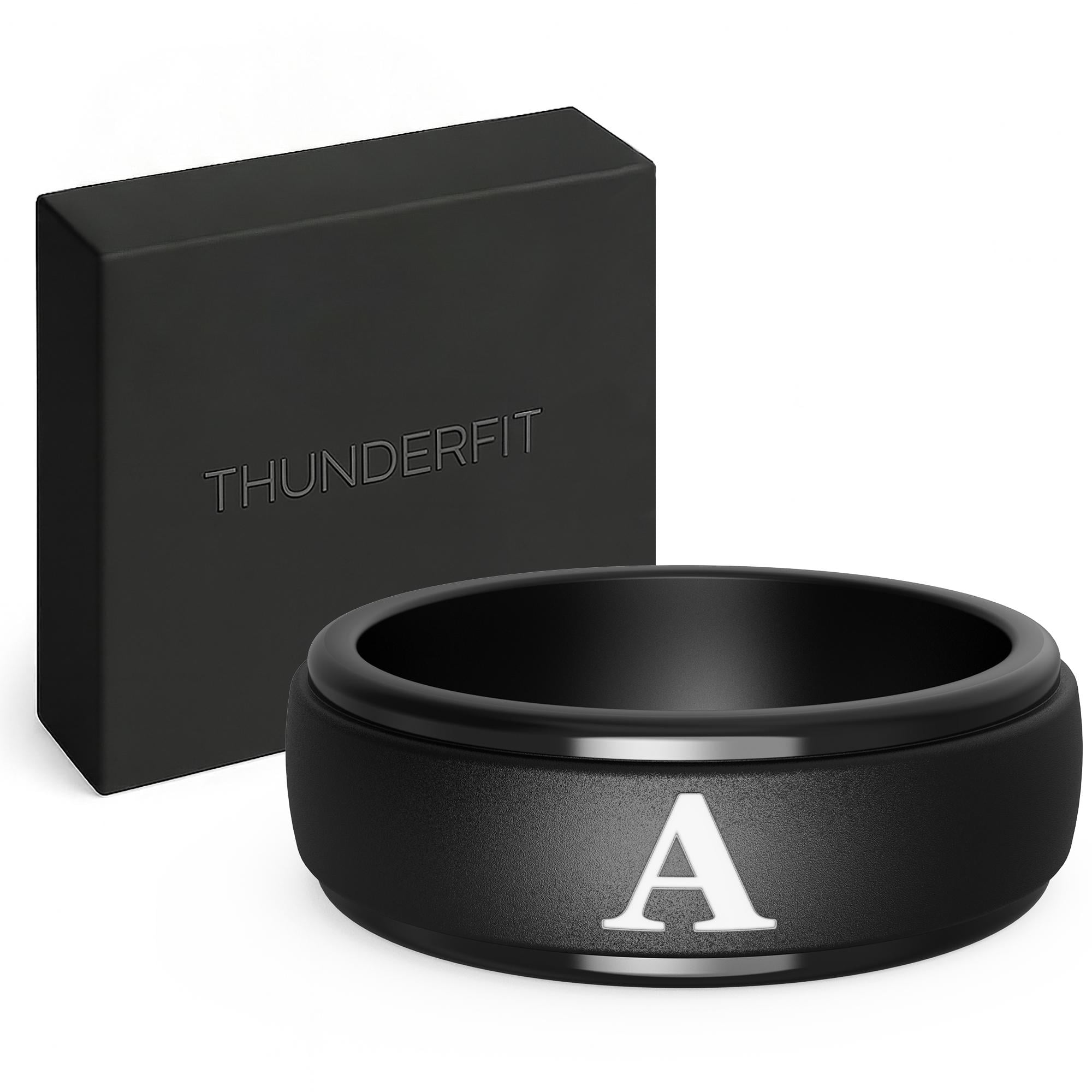 ThunderFit Black Silicone Initial Ring for Him - Personalized One Letter Wedding Rubber Band - Comfortable Fit - Unique Anniversary, Birthday Gifts for Men with Gift Box