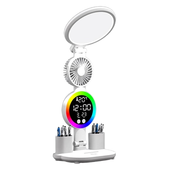 ikaufen Multifunctional LED Desk Lamp with Cooling Fan Digital Time Temp Display 3 Color Mode Stepless Dimmable Eye-Caring Table Light Foldable Pen Holders USB Type-C