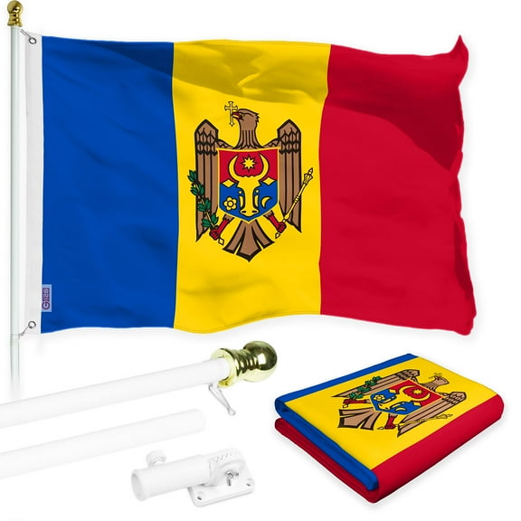 G128 Combo Pack: 6 Ft Tangle Free Spinning Flagpole (White) & Moldova Flag 3x5 Ft Printed 150D Polyester, Brass Grommets (Flag Included) Aluminum Flag Pole