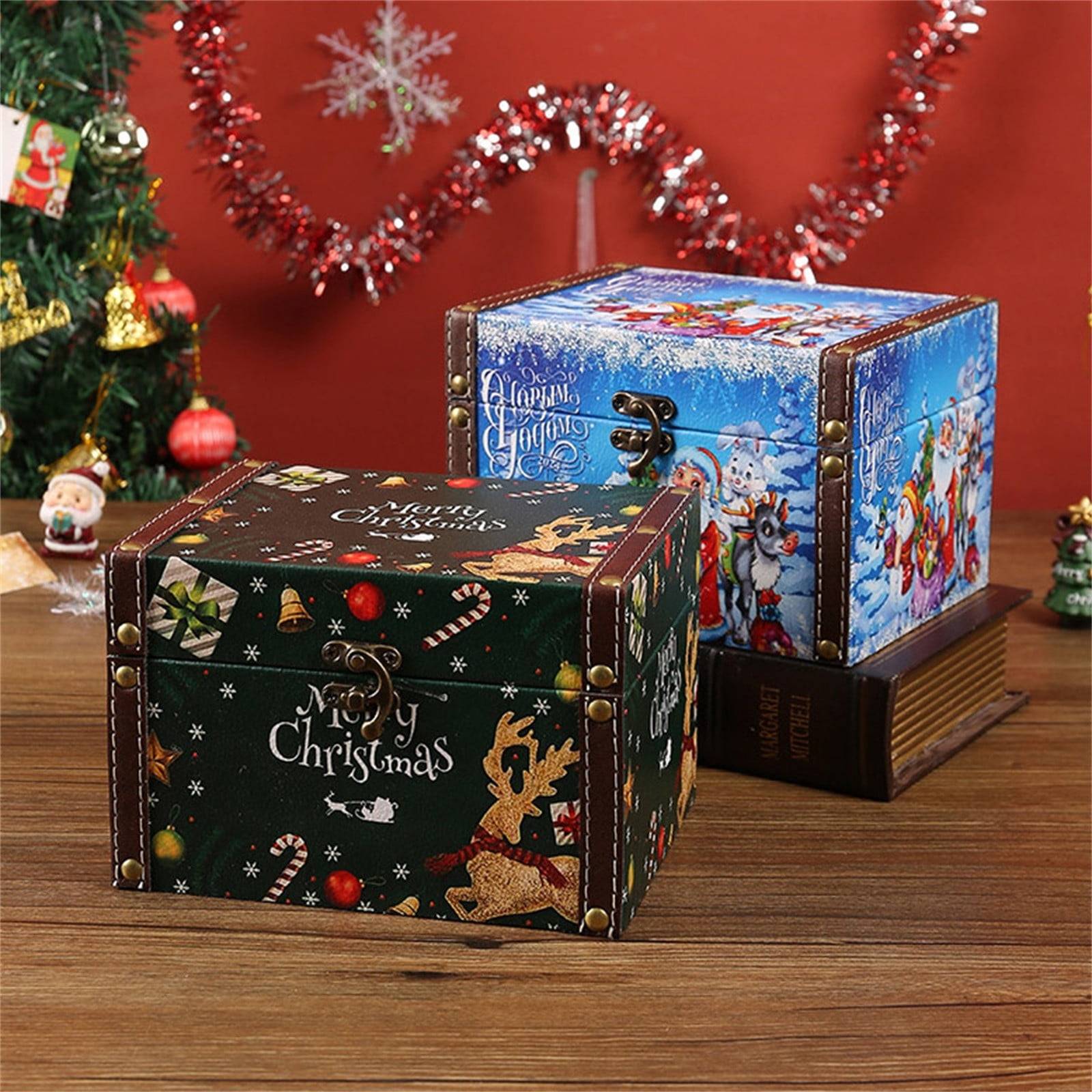 XKHHLH PU Leather Wooden Storage Box with Lid Small Antique Jewelry Treasure Box, Vintage Treasure Chest Box with Handle for Cards,Photo,Keepsakes Gift for Christmas Birthday