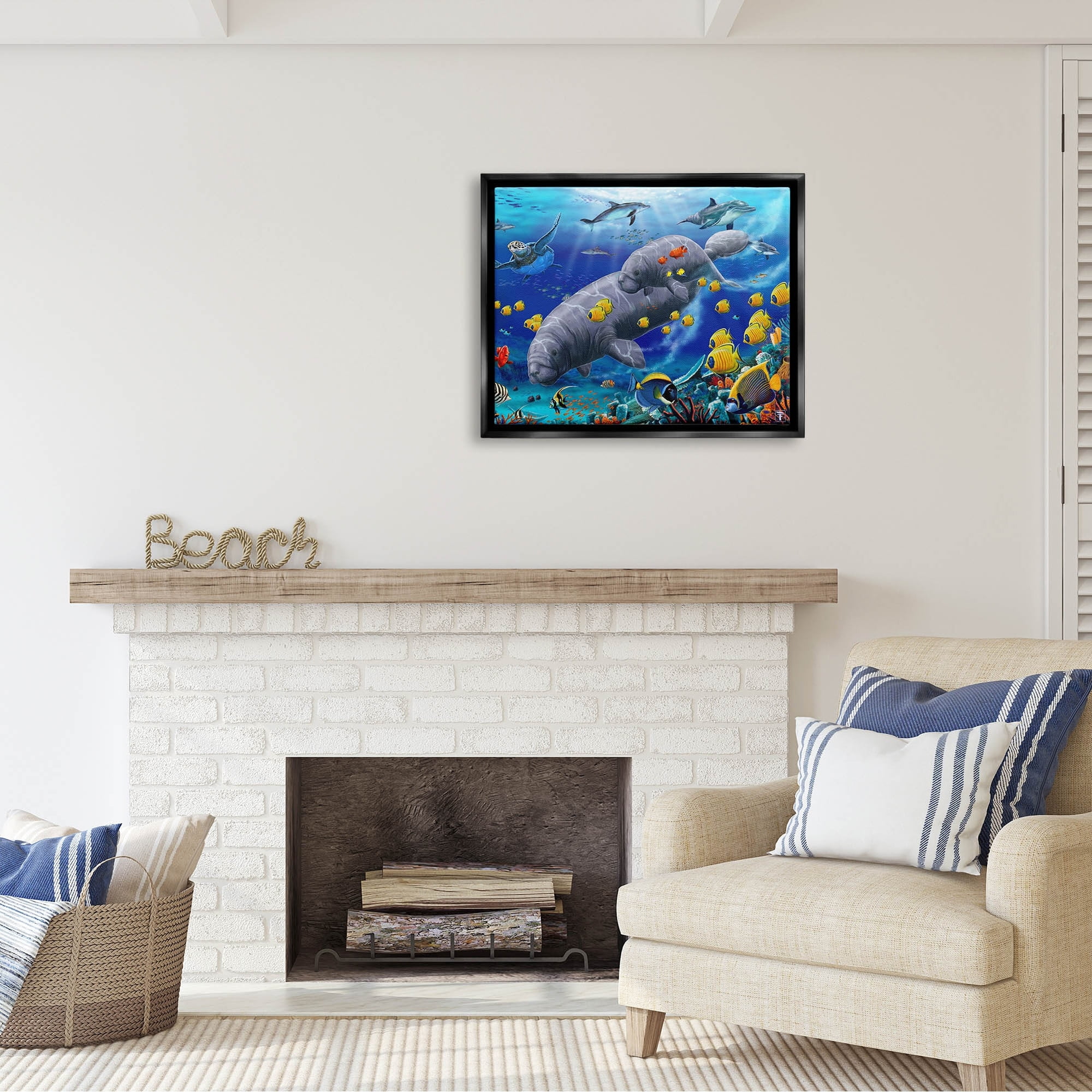 Stupell Industries Manatees & Fish Swimming Coastal Painting Black Floater Framed Art Print Wall Art