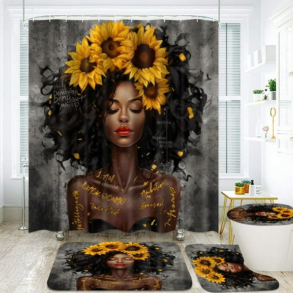 4PCS Three Roses Bathroom Shower Curtain Sets, Waterproof Fabric Black Bathroom Sets with Shower Curtain and Rugs Toilet Lid Cover Bath Mat, Retro Flower Shower Curtains with Hooks