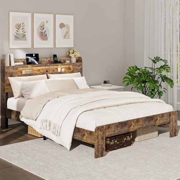 Wooden Queen Size Bed Frame with Storage Headboard, Rustic Farmhouse Platform Bed with Charging Station and LED Lights, No Box Spring Needed, Noise-Free, Easy Assembly, Brown