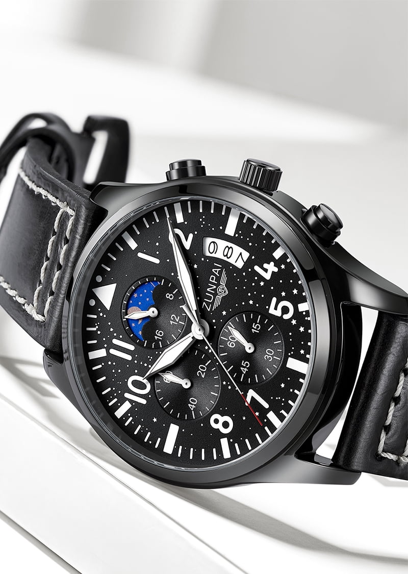 ZUNPAI Watches for men Chronograph Quartz Watch with Luminous Calendar Analog Dial Waterproof Leather Strap Sport Fashion Wristwatch