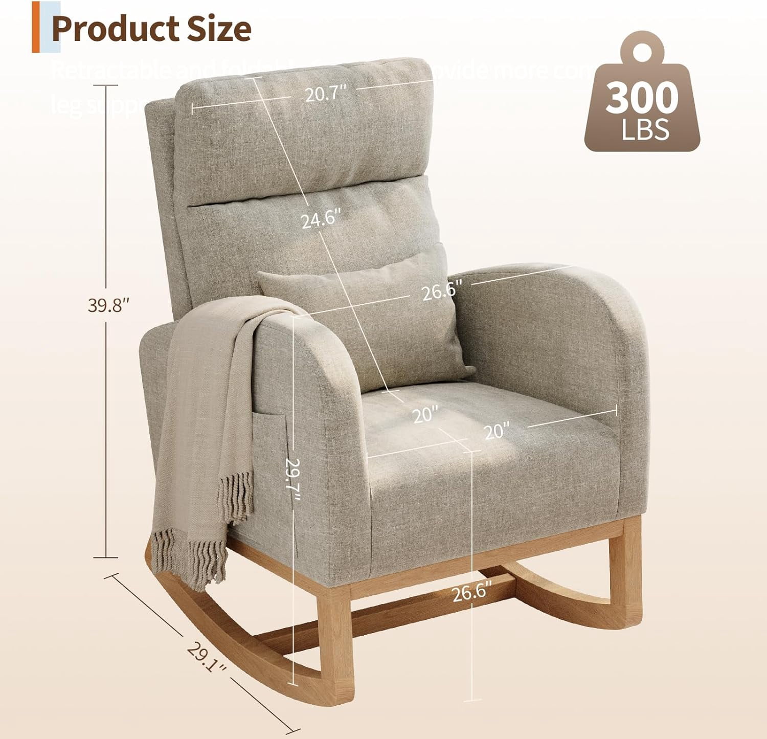 Linen Rocking Chair, Modern Nursery Glider Chair with Side Pockets and Pillow, Rocker Chair for Living Room Bedroom Nursing Room, Grey