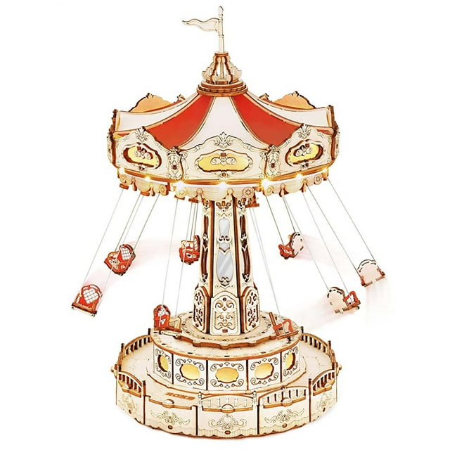 ROBOTIME Swing Ride DIY Music Box 3D Wooden Puzzle, a carousel-themed 3D puzzle with intricate wooden details, suspended seats, and a retro ceiling design. Features built-in movement, music, and lights activated by a button, creating a warm and romantic atmosphere. Perfect as a hands-on activity and creative gift for children and adults.