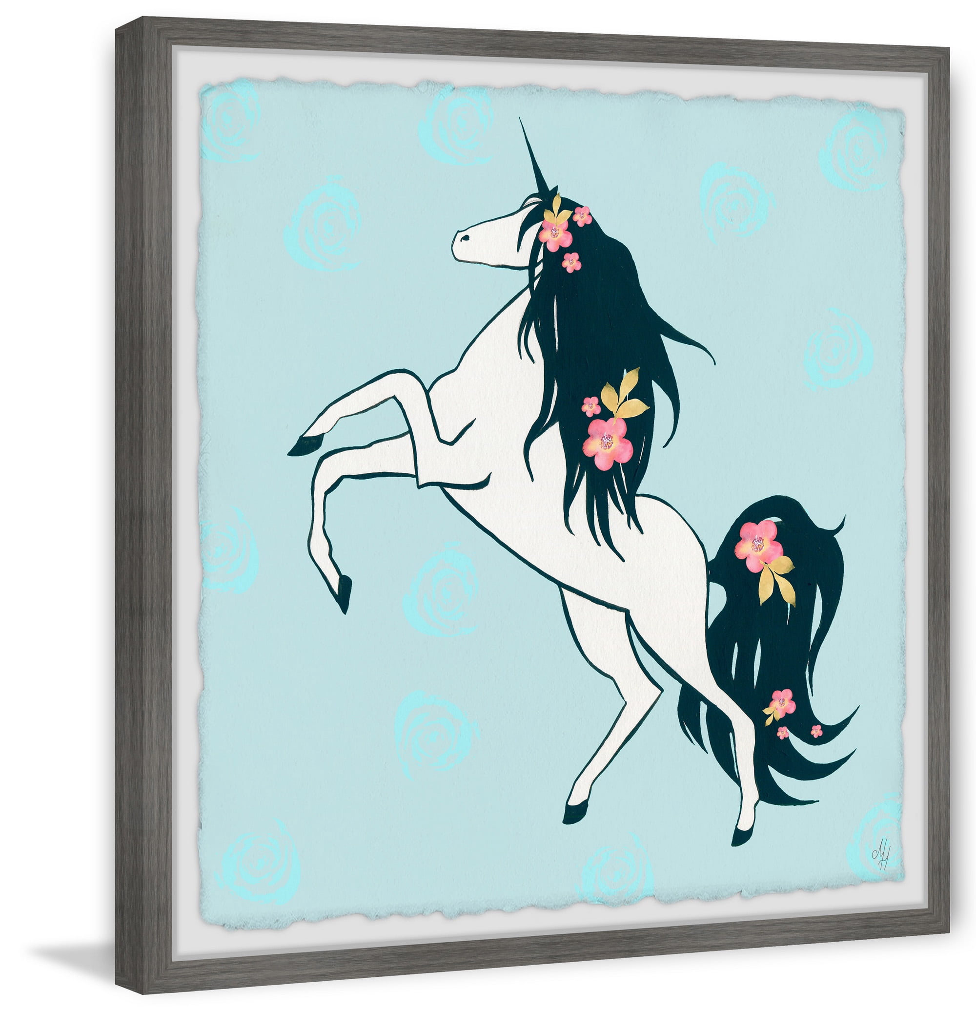 Marmont Hill Dark Floral Hair Unicorn Framed Wall Art, 12.00" x 1.50"