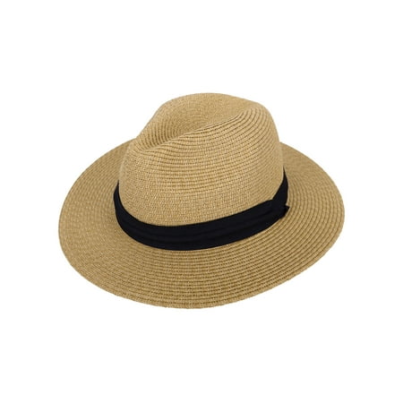 Panama Straw Hat Men Women's Wide Brim Packable Roll up Fedora Beach Sun Hat, Brown