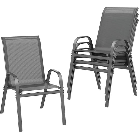 Stackable Patio Chairs 4-Pack Grey Textilene Outdoor Dining with Metal Frame