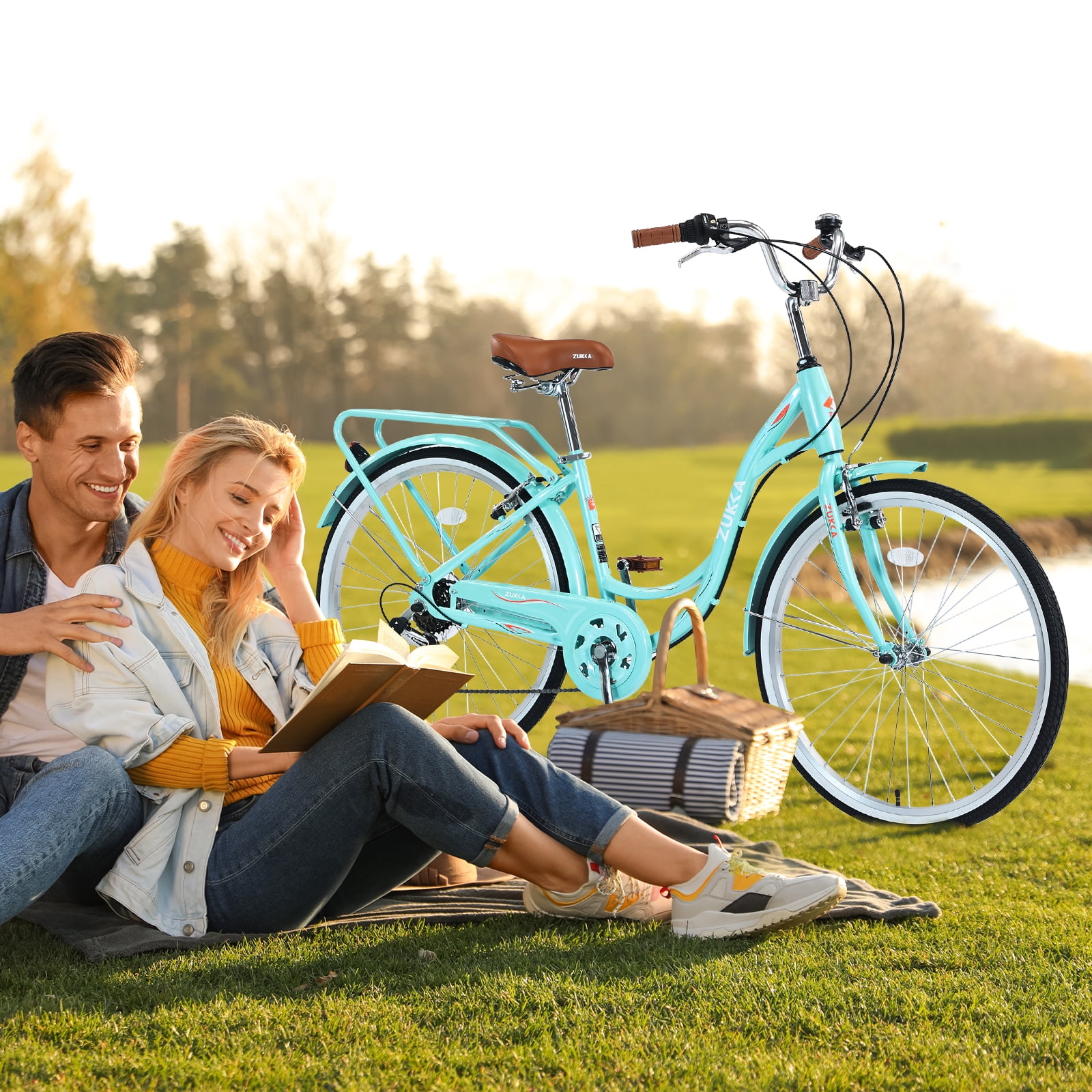 Aukfa 26" Cruiser Bike, 7 Speed Bicycle Hybrid Bikes for Women Girls Ladies, Arctic