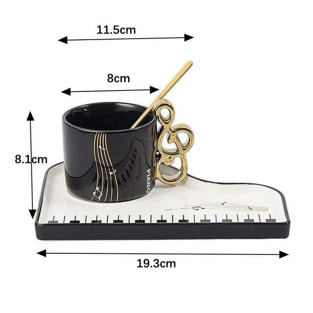 Ceramic Coffee Mug Set with Piano Key Design 6.5 oz Cup Saucer and Spoon Gift Set
