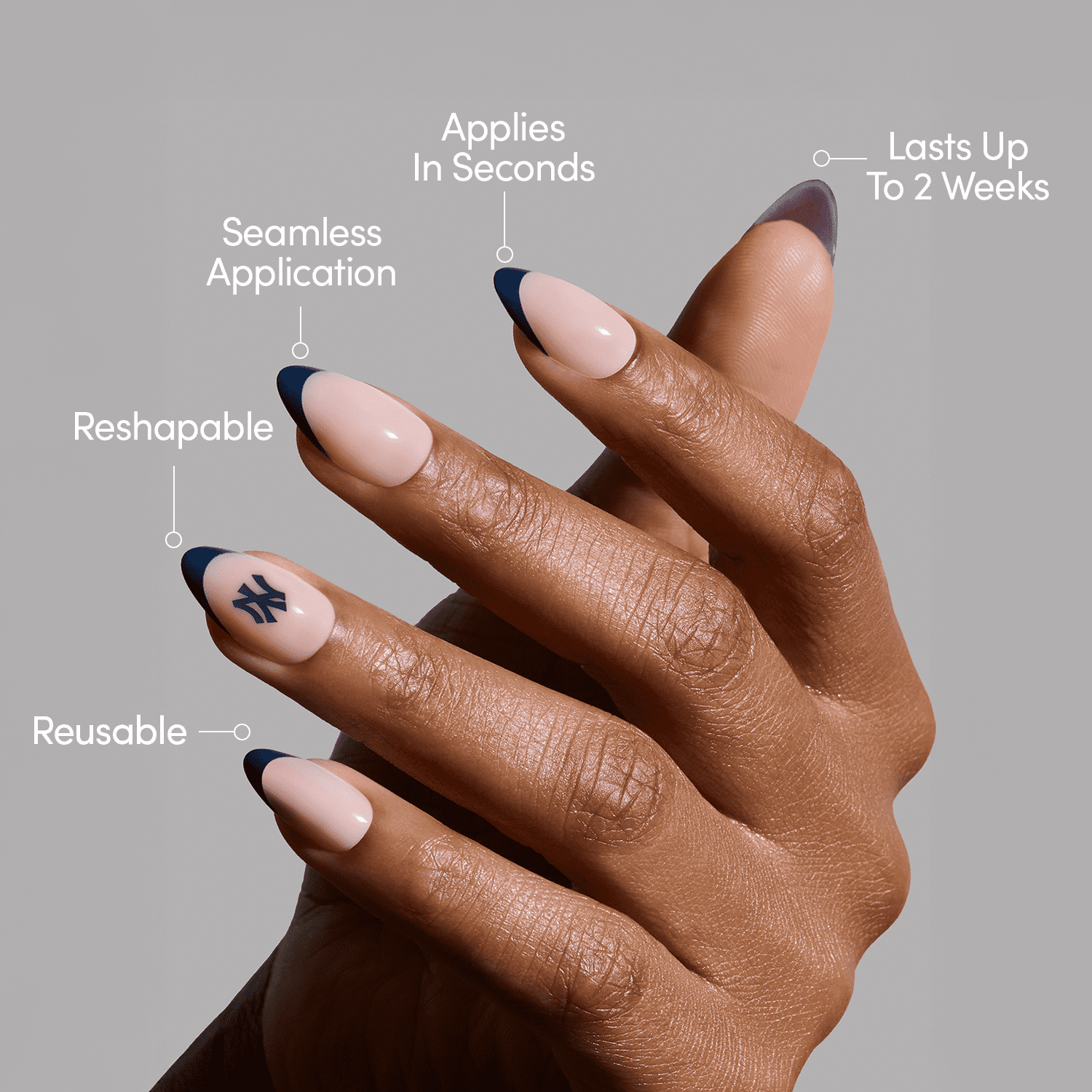 Glamnetic x Fanatics Press On Nails - New York Yankees | Short Almond Fake Nails, MLB Yankees Navy French Tips, Baseball Nails, Salon-Quality | 15 Sizes - 30 Nail Kit with Glue