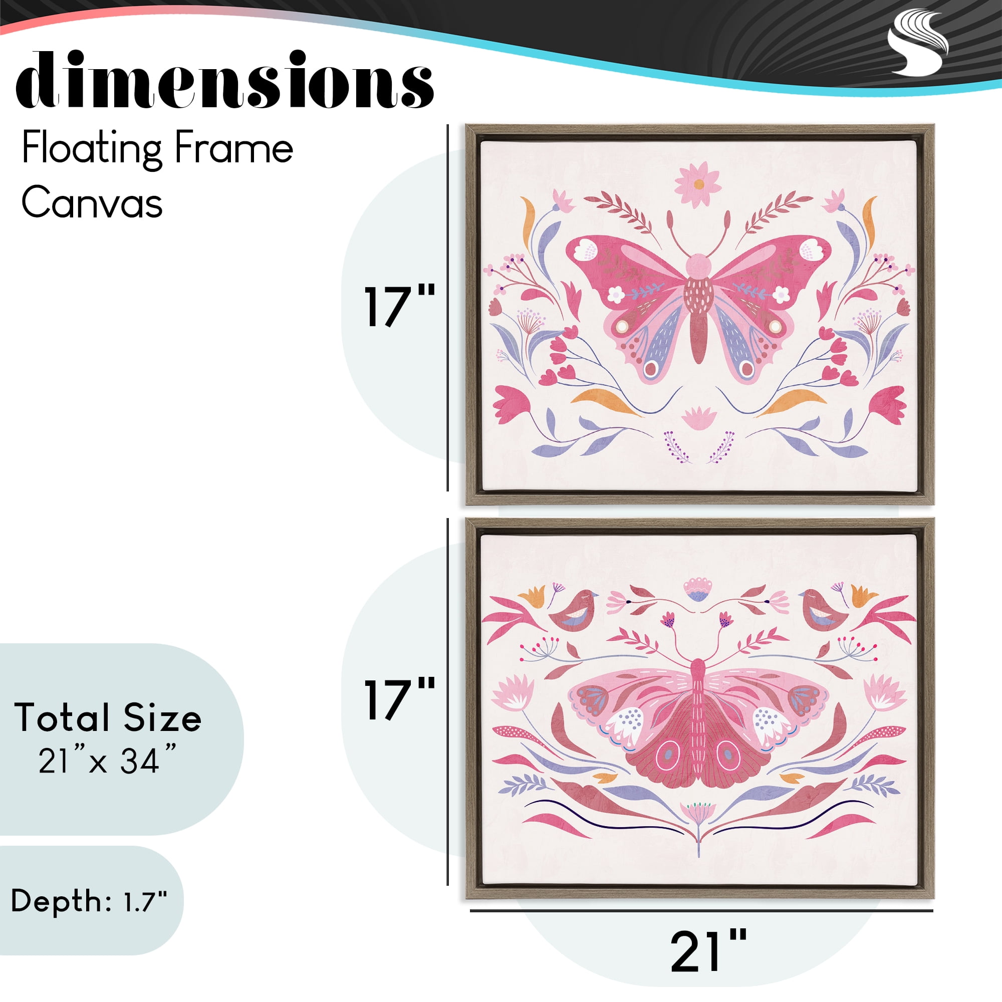 Stupell Industries Boho Folk Butterflies 2 Piece Brown Framed Floater Canvas Set, design by Kim Allen