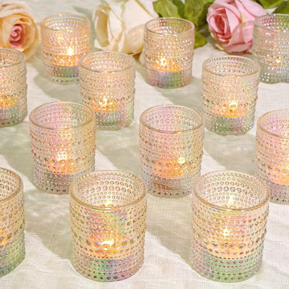 24 Pcs Porte-Bougies Votives, Porte-Verres en Vrac pour Centre de Table, Porte-Bougies Chauffe-Plat pour Douche de Mariage, Fête et Déco Maison Irisés