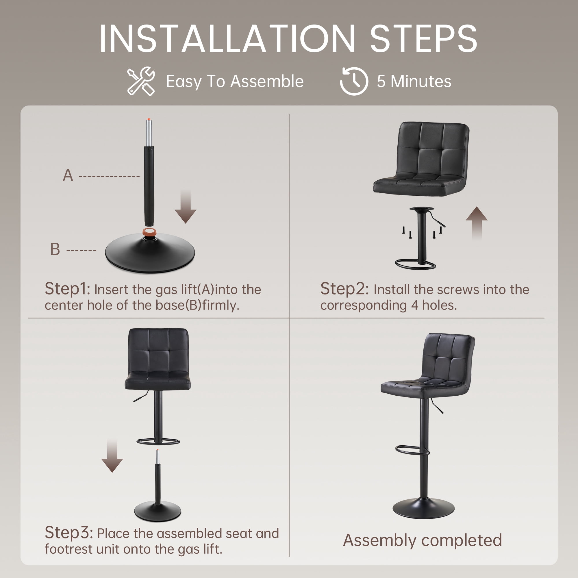 SAETSFEG Bar Stools Set of 2, Thickened Seat Cushion Adjustable Swivel Bar Stool with Backrest, Counter Height PU Leather Bar Chairs for Kitchen Island, Dining Room, Black-B