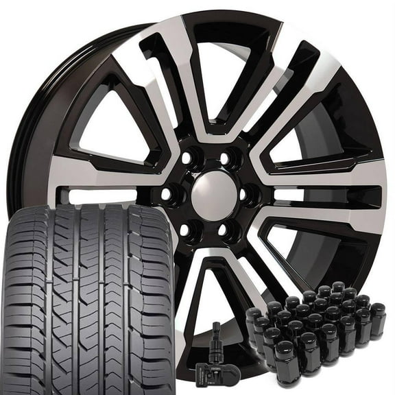 OE Wheels CV44 22 Inch Rims and Tires Fit Yukon Denali Style 6x139.7 22x9 Gloss Black Machined - Hollander 5822 - Eagle Sport AS 285/45-22 (Set of 4)