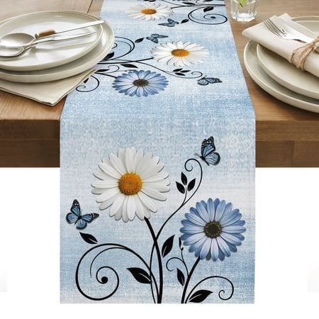 Blue White Daisy Cotton Linen Table Runner Butterfly Leaf Blue Gradient Background Dining Table Runners for Home Decor Party Dining Room Restaurant Kitchen Party 13 x 90